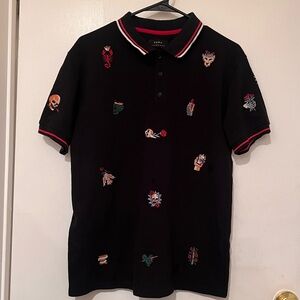 Zara Black Polo Shirt with Embroidered Patches